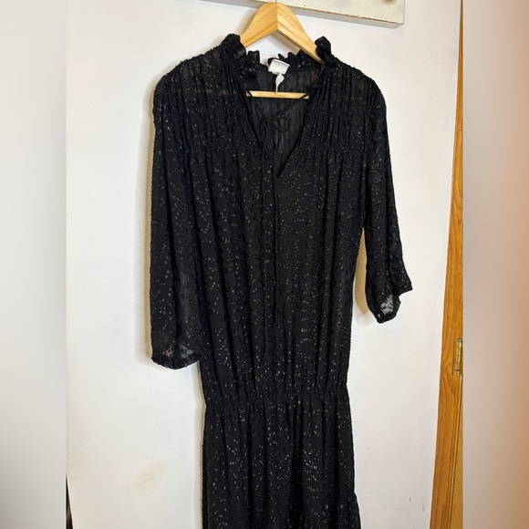 H&M Black Metallic Semi Sheer Tiered Whimsy Goth Midi Dress - Picture 4 of 9